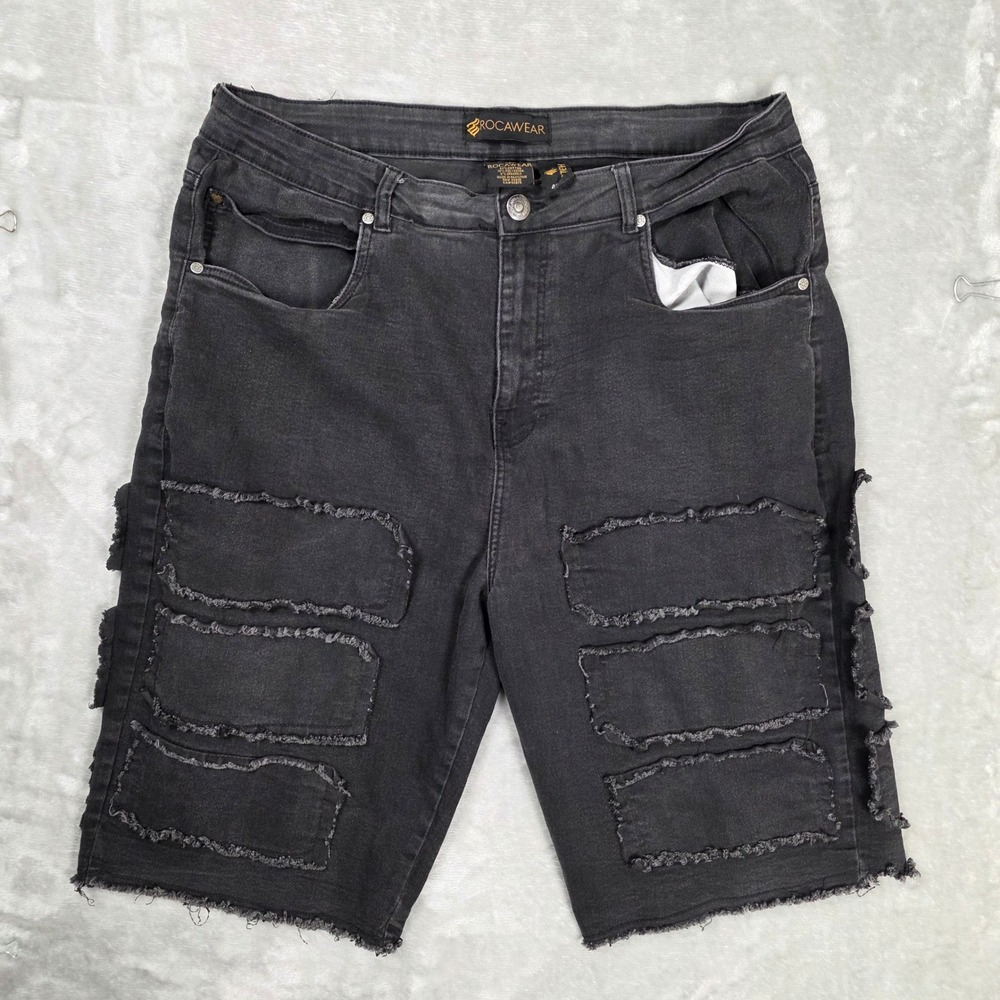 Rocawear Distressed Patchwork Denim Shorts Mens 40W Black FAIR Y2K Streetwear
